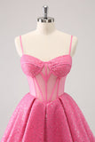 Pink A-Line Spaghetti Straps Corset Prom Dress with Sequins