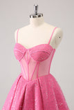 Pink A-Line Spaghetti Straps Corset Prom Dress with Sequins