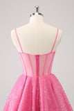 Pink A-Line Spaghetti Straps Corset Prom Dress with Sequins