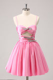 Pink A-Line Spaghetti Straps Pleated Prom Dress with Keyhole