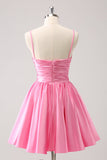 Pink A-Line Spaghetti Straps Pleated Prom Dress with Keyhole