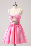 Pink A-Line Spaghetti Straps Pleated Prom Dress with Keyhole