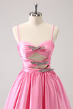 Pink A-Line Spaghetti Straps Pleated Prom Dress with Keyhole