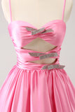 Pink A-Line Spaghetti Straps Pleated Prom Dress with Keyhole