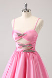 Pink A-Line Spaghetti Straps Pleated Prom Dress with Keyhole