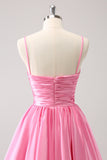 Pink A-Line Spaghetti Straps Pleated Prom Dress with Keyhole