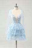 Glitter Blue A Line Embroidery Tiered Prom Dress with Appliques