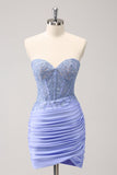 Lilac Strapless Corset Pleated Tight Prom Dress with Appliques