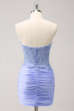 Lilac Strapless Corset Pleated Tight Prom Dress with Appliques