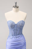 Lilac Strapless Corset Pleated Tight Prom Dress with Appliques