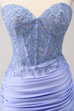 Lilac Strapless Corset Pleated Tight Prom Dress with Appliques