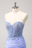 Lilac Strapless Corset Pleated Tight Prom Dress with Appliques