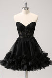 Cute Black A Line Corset Strapless Ruffled Short Prom Dress