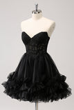 Cute Black A Line Corset Strapless Ruffled Short Prom Dress