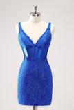 Royal Blue V-Neck Bodycon Short Prom Dress with Lace Up Back