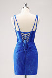 Royal Blue V-Neck Bodycon Short Prom Dress with Lace Up Back