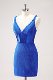 Royal Blue V-Neck Bodycon Short Prom Dress with Lace Up Back