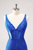 Royal Blue V-Neck Bodycon Short Prom Dress with Lace Up Back