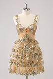 Golden A-Line Spaghetti Straps Sequined Prom Dress with Flower