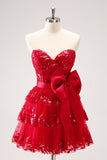 Red Strapless Tiered Sequins A-Line Prom Dress with Bow