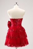 Red Strapless Tiered Sequins A-Line Prom Dress with Bow