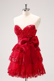 Red Strapless Tiered Sequins A-Line Prom Dress with Bow