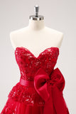 Red Strapless Tiered Sequins A-Line Prom Dress with Bow