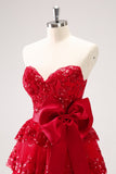 Red Strapless Tiered Sequins A-Line Prom Dress with Bow