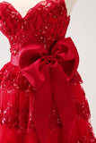 Red Strapless Tiered Sequins A-Line Prom Dress with Bow