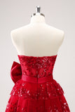 Red Strapless Tiered Sequins A-Line Prom Dress with Bow