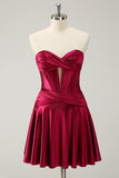 Burgundy A Line Sweetheart Strapless Keyhole Satin Prom Dress