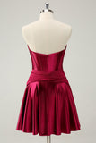 Burgundy A Line Sweetheart Strapless Keyhole Satin Prom Dress