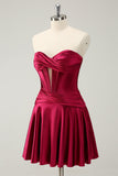 Burgundy A Line Sweetheart Strapless Keyhole Satin Prom Dress