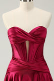 Burgundy A Line Sweetheart Strapless Keyhole Satin Prom Dress