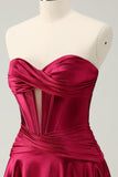 Burgundy A Line Sweetheart Strapless Keyhole Satin Prom Dress