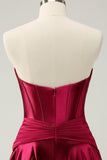 Burgundy A Line Sweetheart Strapless Keyhole Satin Prom Dress