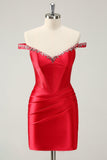 Glitter Red Beaded Off the Shoulder Satin Tight Prom Dress