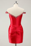 Glitter Red Beaded Off the Shoulder Satin Tight Prom Dress