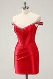 Glitter Red Beaded Off the Shoulder Satin Tight Prom Dress