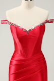 Glitter Red Beaded Off the Shoulder Satin Tight Prom Dress