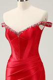 Glitter Red Beaded Off the Shoulder Satin Tight Prom Dress