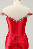 Glitter Red Beaded Off the Shoulder Satin Tight Prom Dress