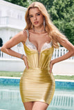 Golden Bodycon Spaghetti Straps Corset Lace Up Back Prom Dress with Sequins