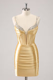 Golden Bodycon Spaghetti Straps Corset Lace Up Back Prom Dress with Sequins