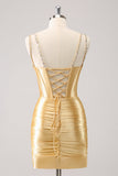 Golden Bodycon Spaghetti Straps Corset Lace Up Back Prom Dress with Sequins