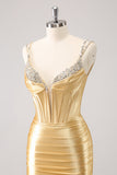 Golden Spaghetti Straps Bodycon Prom Dress with Sequins