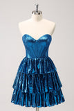 Peacock Blue A Line Strapless Corset Tiered Short Prom Dress