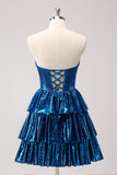 Peacock Blue A Line Strapless Corset Tiered Short Prom Dress