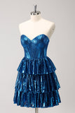 Peacock Blue A Line Strapless Corset Tiered Short Prom Dress