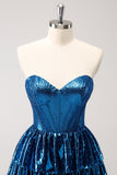 Peacock Blue A Line Strapless Corset Tiered Short Prom Dress